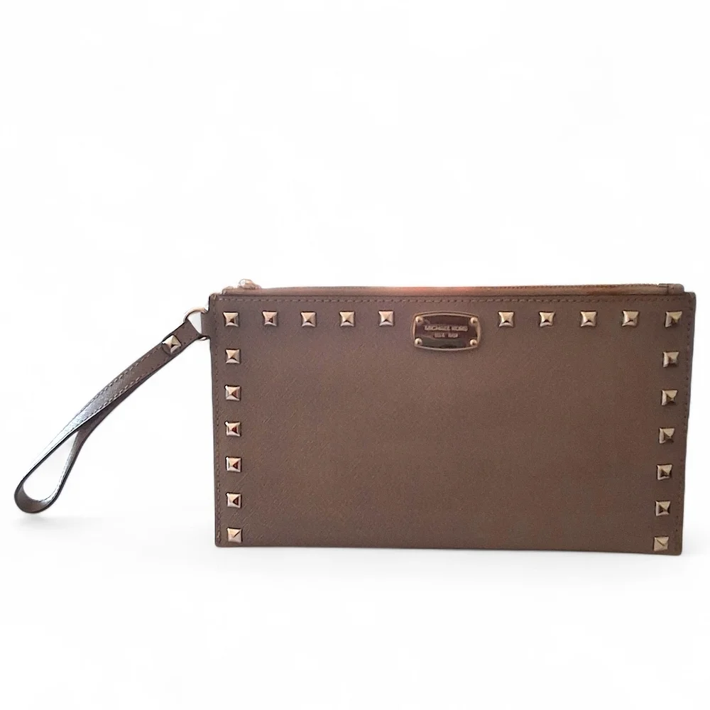 Michael Kors Jet Set Travel Studded Large Saffiano Leather Wristlet – Taupe Gray